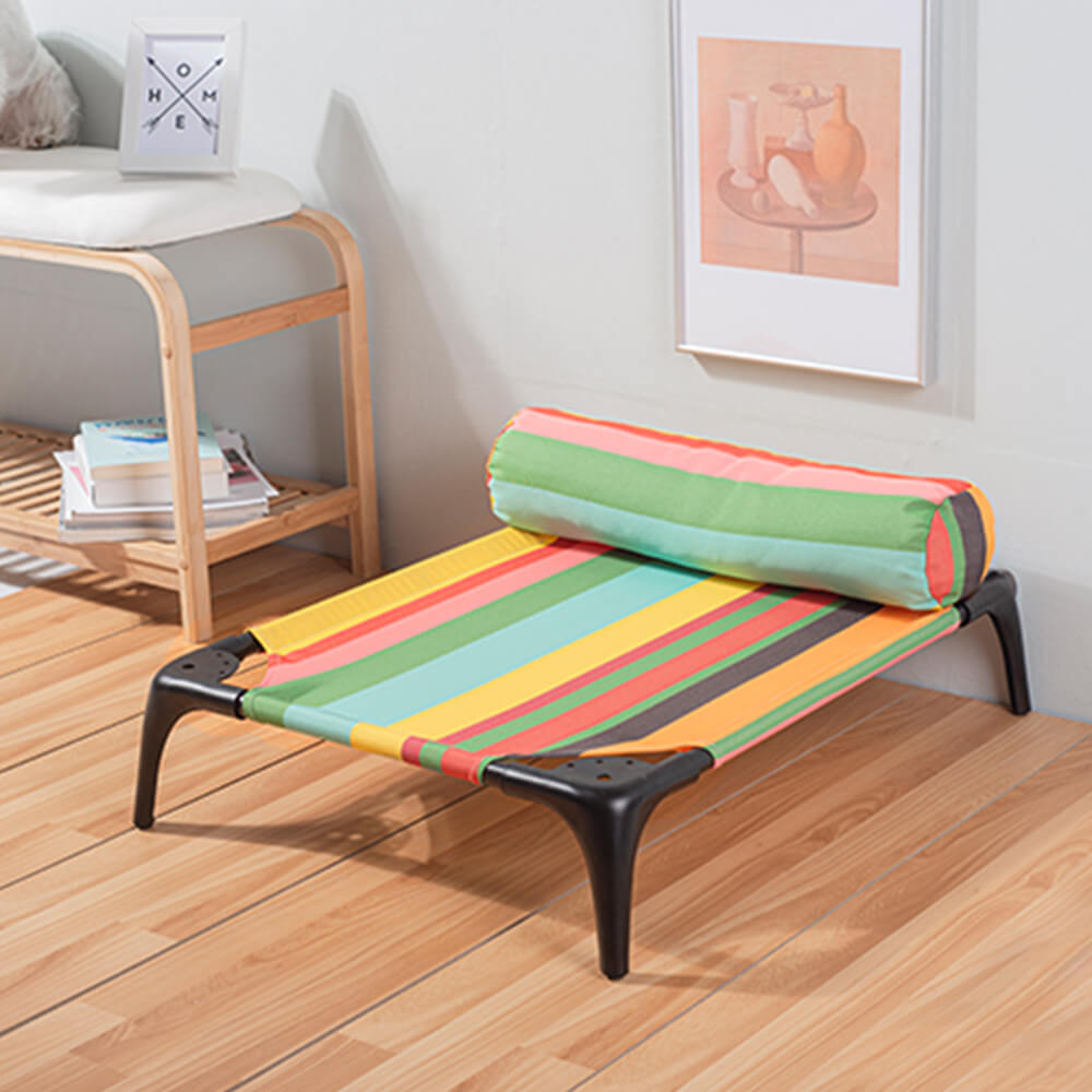 Rainbow Striped Elevated Pet Bed with Pillow – Durable, Bite-Resistant, and Load-Bearing