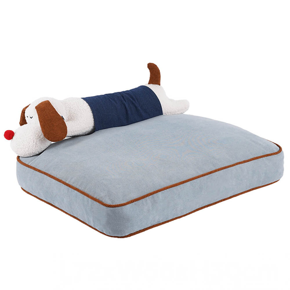 Tapis spacieux pour chien et chat, décoration en denim, avec oreiller de poupée amovible