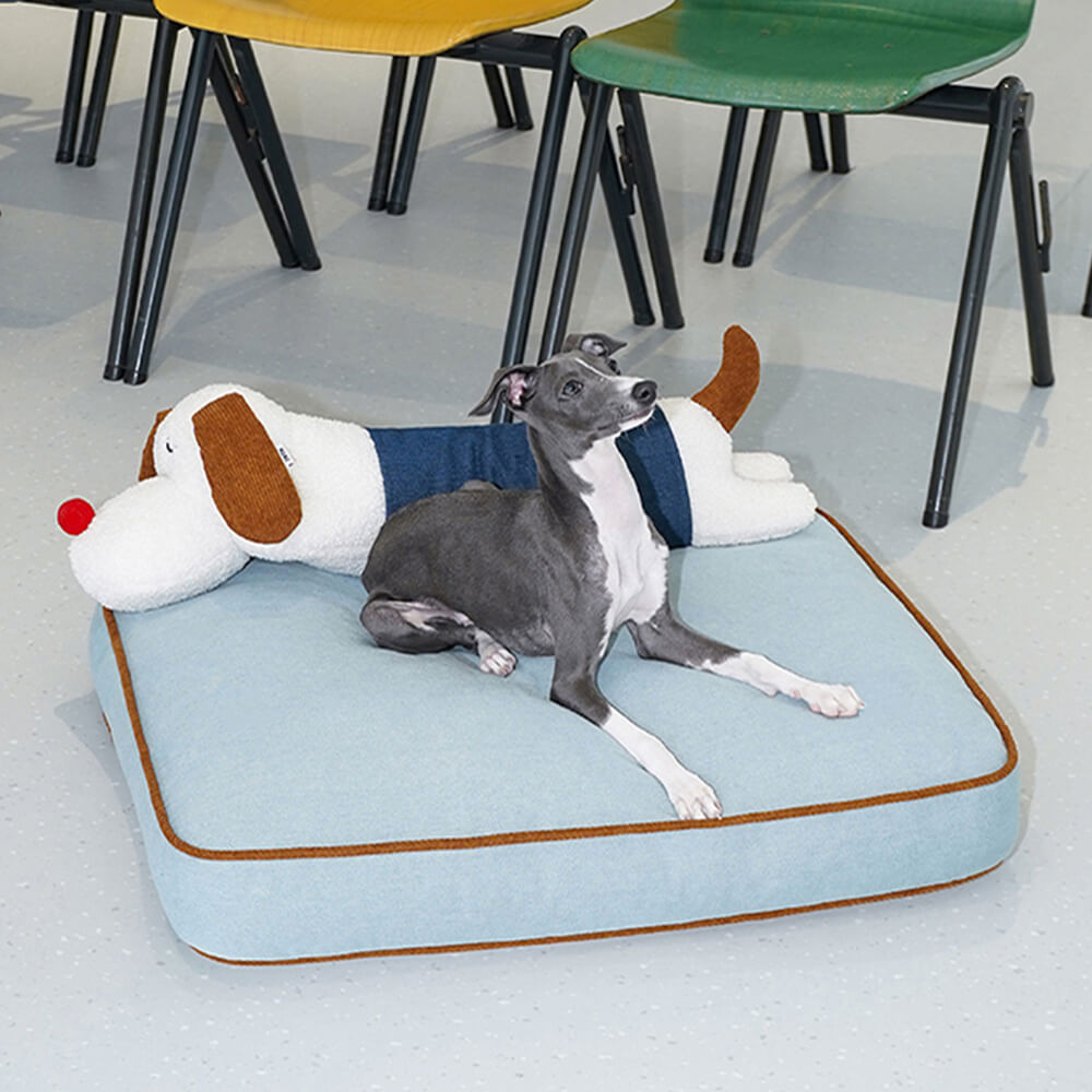 Tapis spacieux pour chien et chat, décoration en denim, avec oreiller de poupée amovible