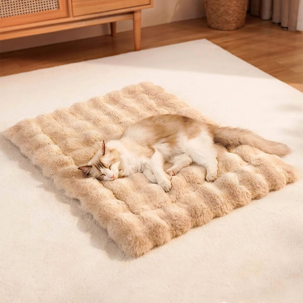 Tapis pour chien et chat en fausse fourrure de lapin ultra doux à motif ondulé avec oreiller pour animaux de compagnie