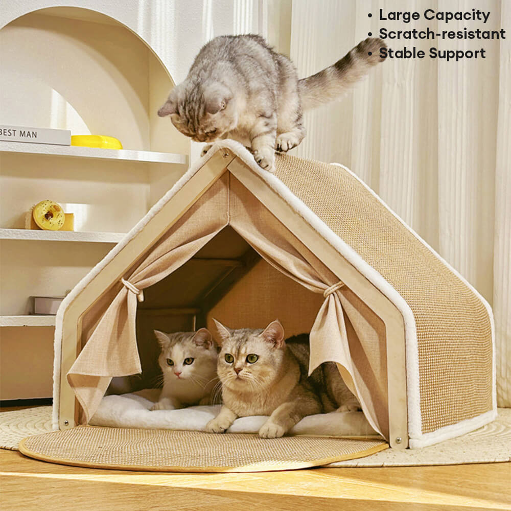 Tenda per gatti all-in-one con tetto graffiato e una zona notte accogliente