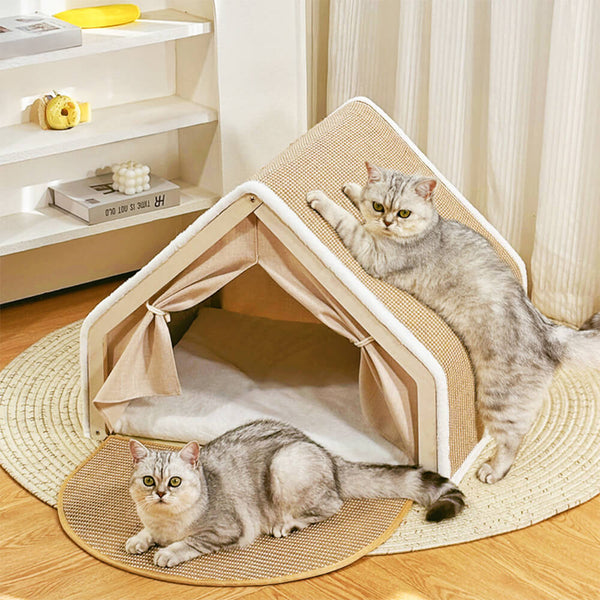 Tenda per gatti all-in-one con tetto graffiato e una zona notte accogliente