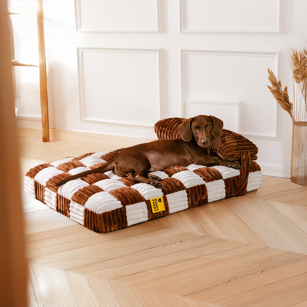 Handmade Plush Chessboard Orthopedic Support Dog Bed with Pillow