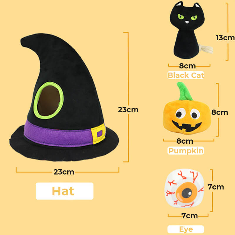 Halloween-Hexenhut, quietschender Kürbis, schwarze Katzenaugen, Hund, vierteiliges Spielzeug-Set