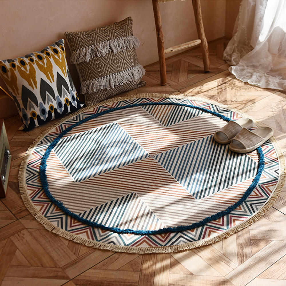 Hand-woven Cotton Linen Vintage Round Rug