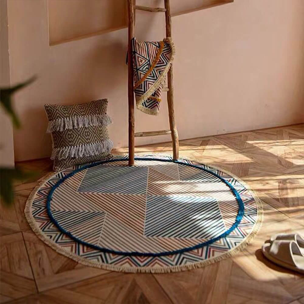 Hand-woven Cotton Linen Vintage Round Rug