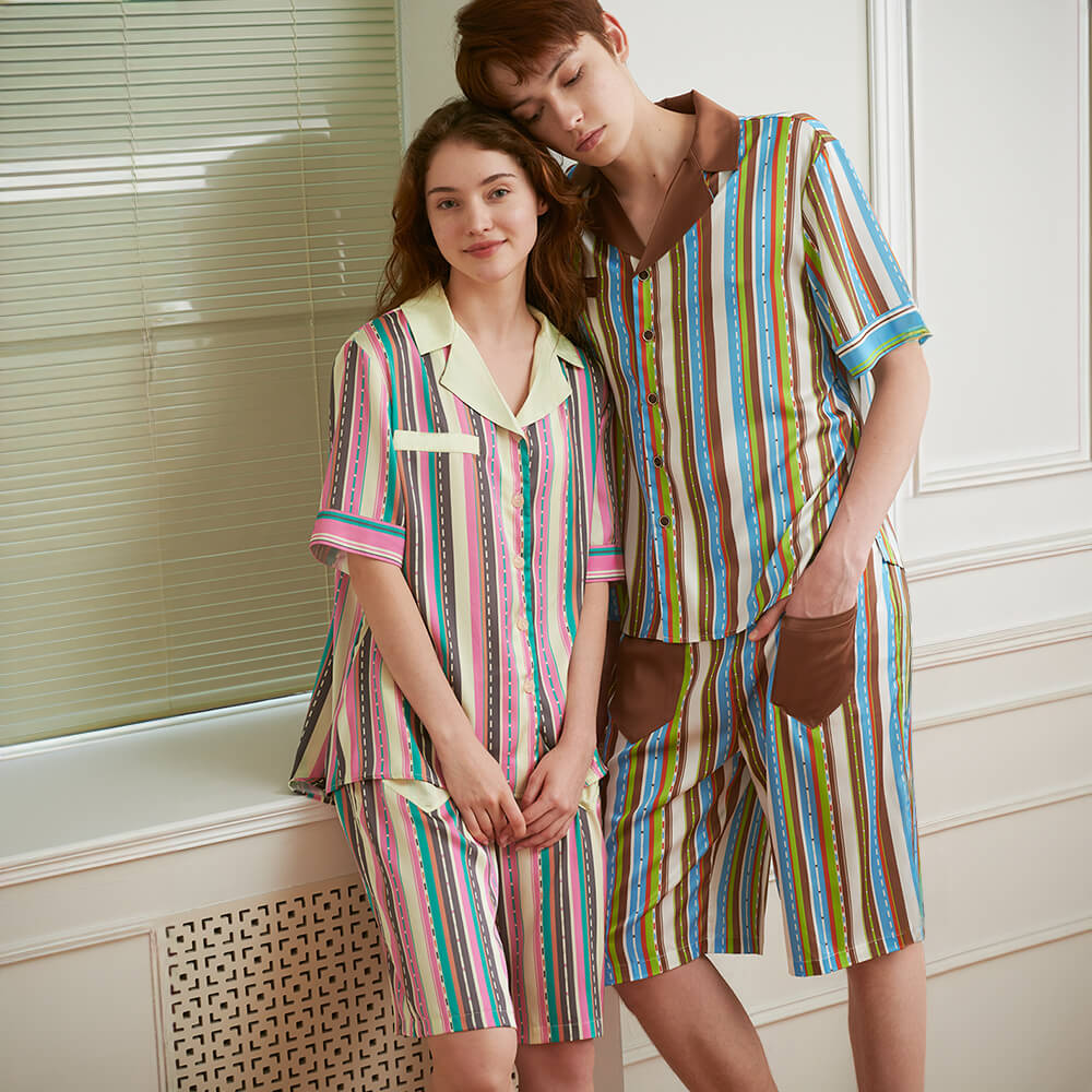 Romantic City Stripes Matching Couples Home Pajamas Set