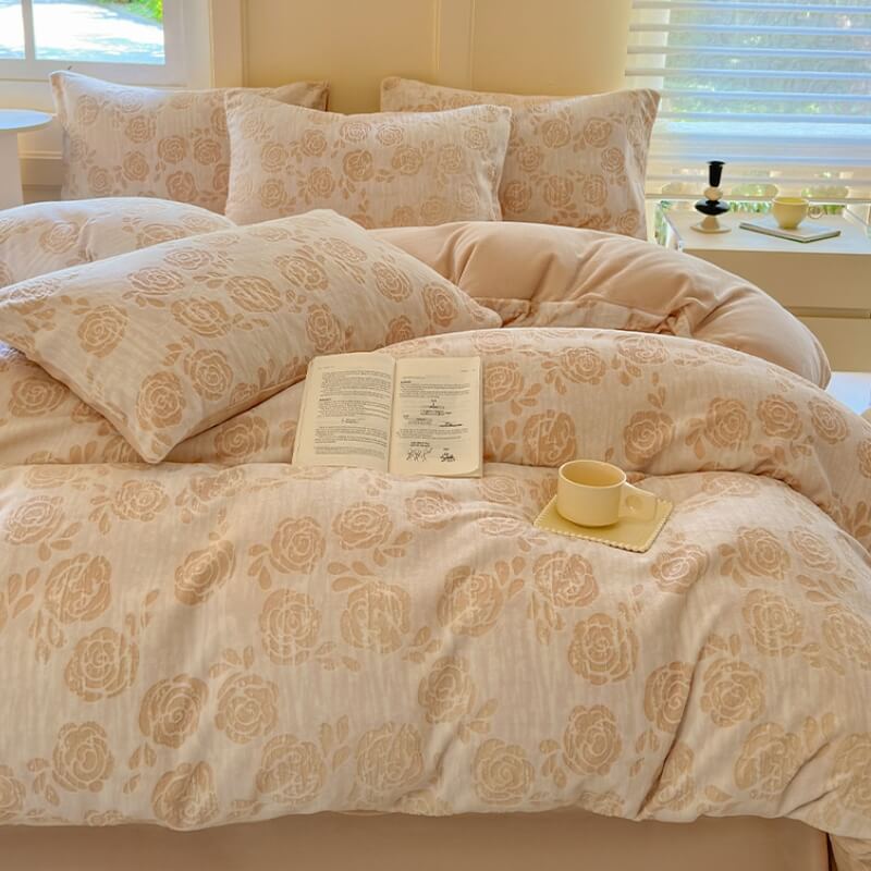 Rose Series Carved Milk Velvet Comfort Soft Bed Sheet Set