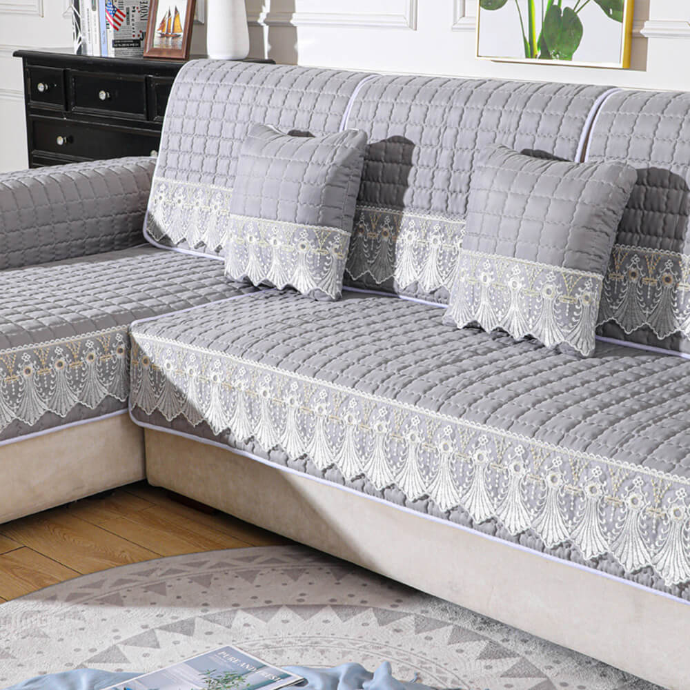 Luxury Quilted Lace Embroidery Non-Slip Couch Cover