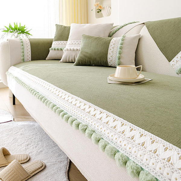 All-Season Water-resistant Anti-Scratch Soft Corduroy Couch Cover with Pom-Poms