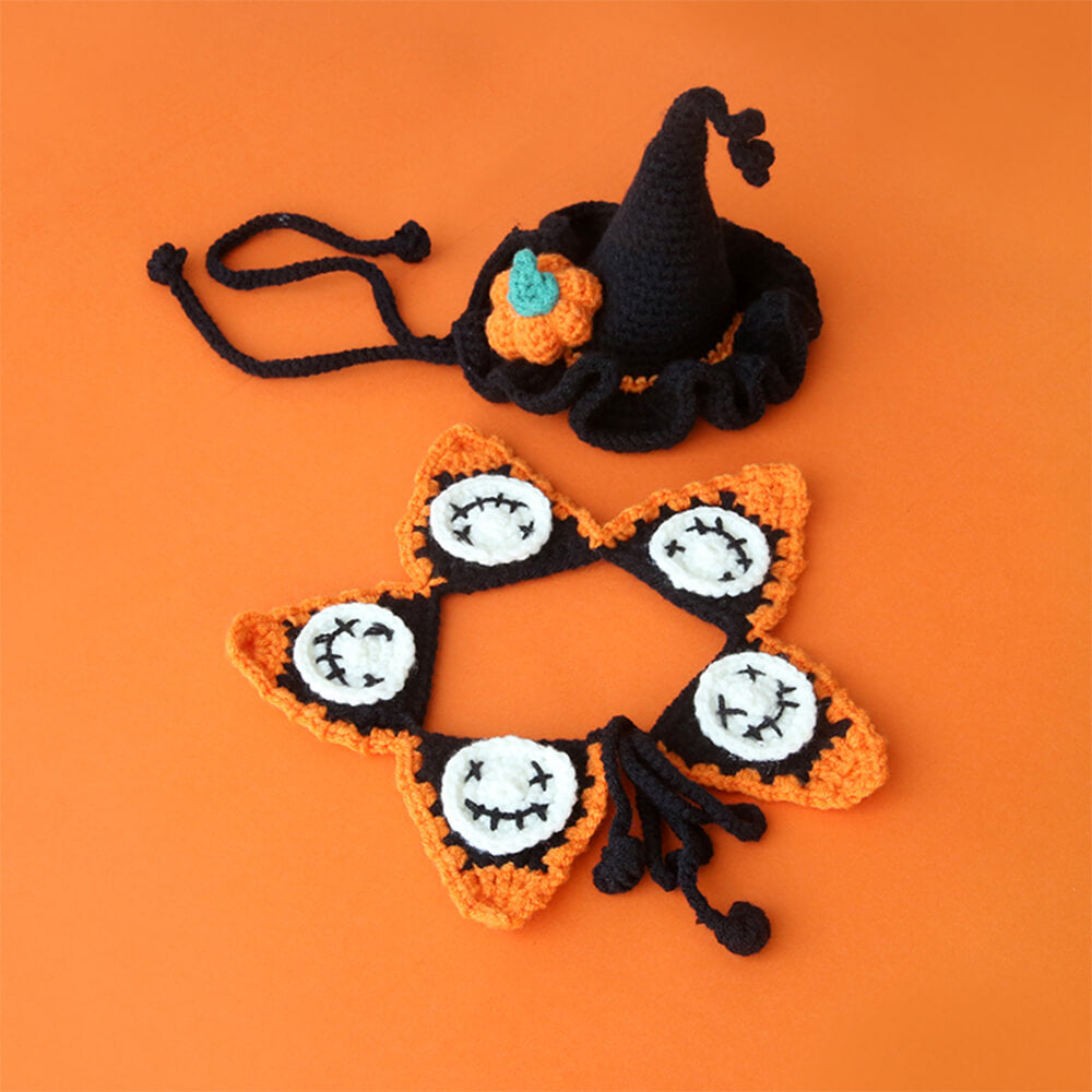 Disfraz de mascota de Halloween, collar de calabaza tejido hecho a mano y sombrero de bruja