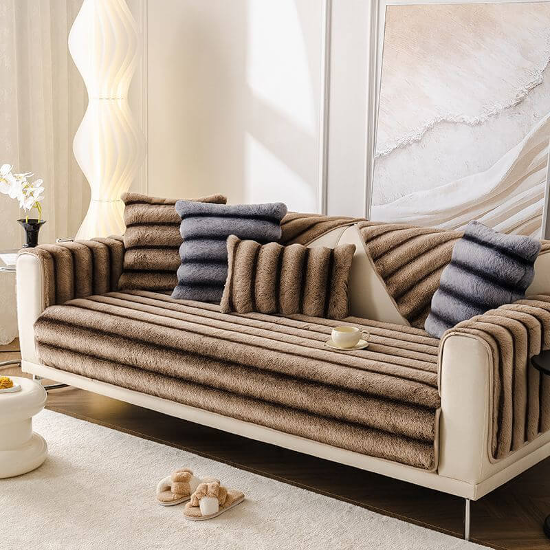 Striped Faux Rabbit Fur Sofa Protector Durable And Stain-Resistant Couch Cover