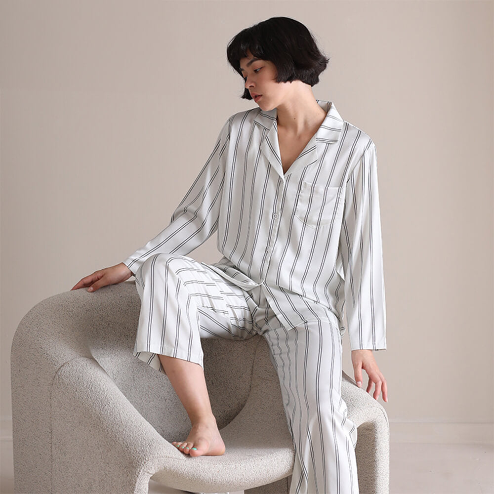 Striped Series Ice Silk Skin-Friendly Long Sleeve Couples Pajama Set