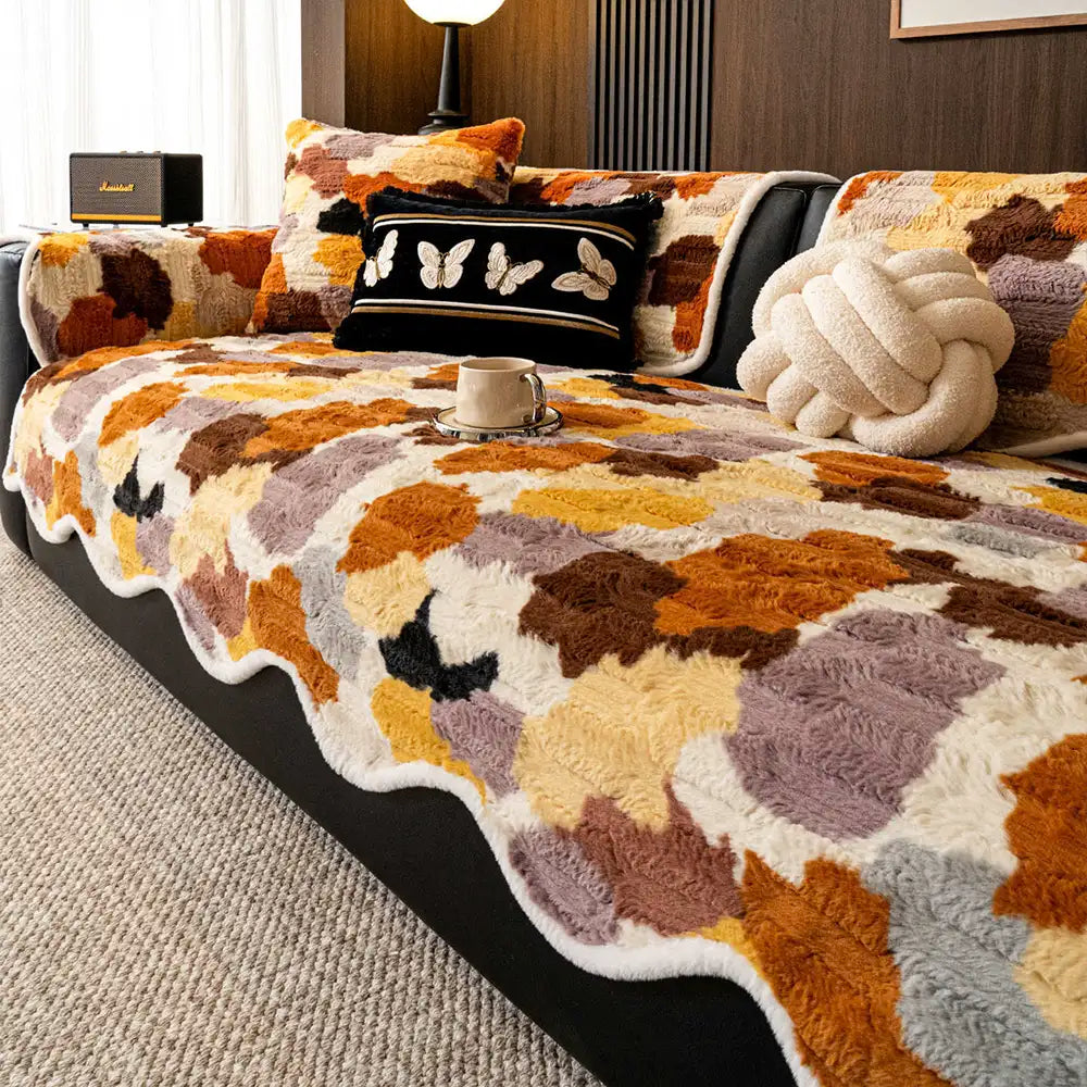 Stylish Color-Blocked Faux Rabbit Fur Soft Non-Slip Irregularly Shaped Couch Cover