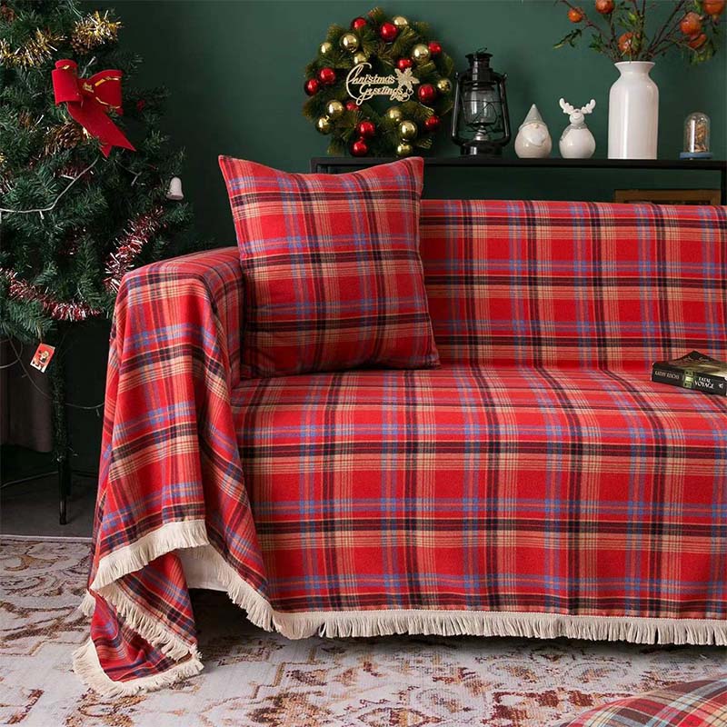 Karierte Decke im Vintage-Weihnachtsstil, komplett umwickelter Couchbezug