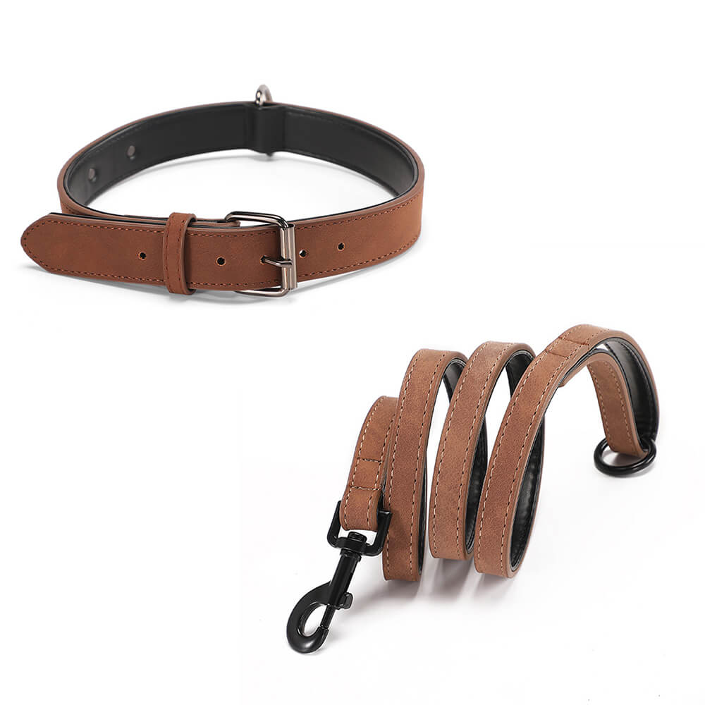 Vintage Faux Leather Soft Neck Protector Dog Collar Leash Set