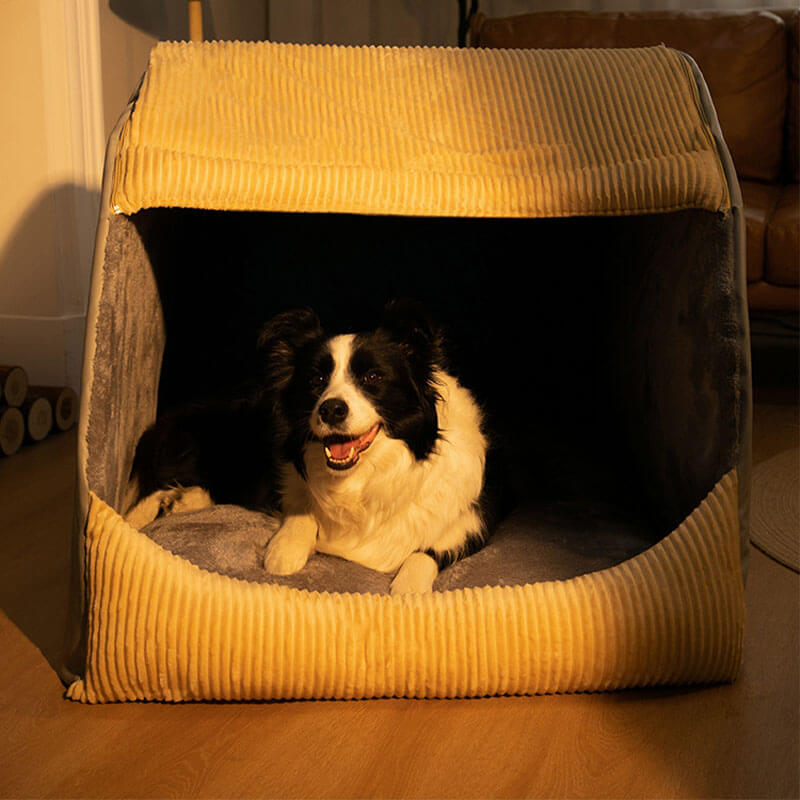 Lit de tente semi-fermé amovible en flanelle chaude pour grand chien