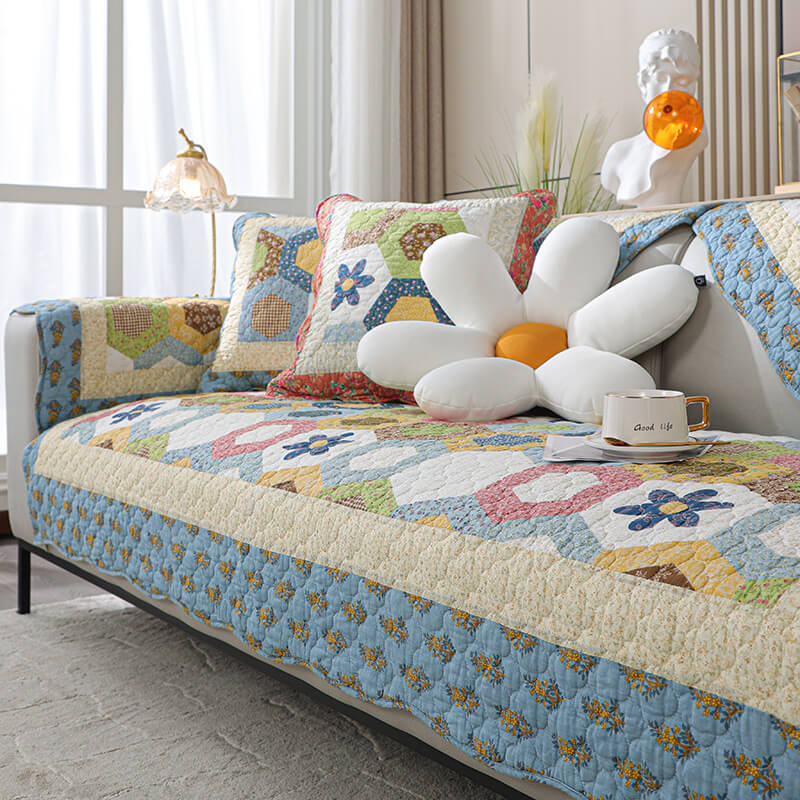 Rutschfester Couchbezug aus Baumwolle im Landhausstil mit Wabenmuster