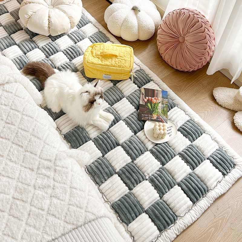 Couverture de canapé de lit de tapis pour animaux de compagnie flou carré à grand carreaux de couleur crème