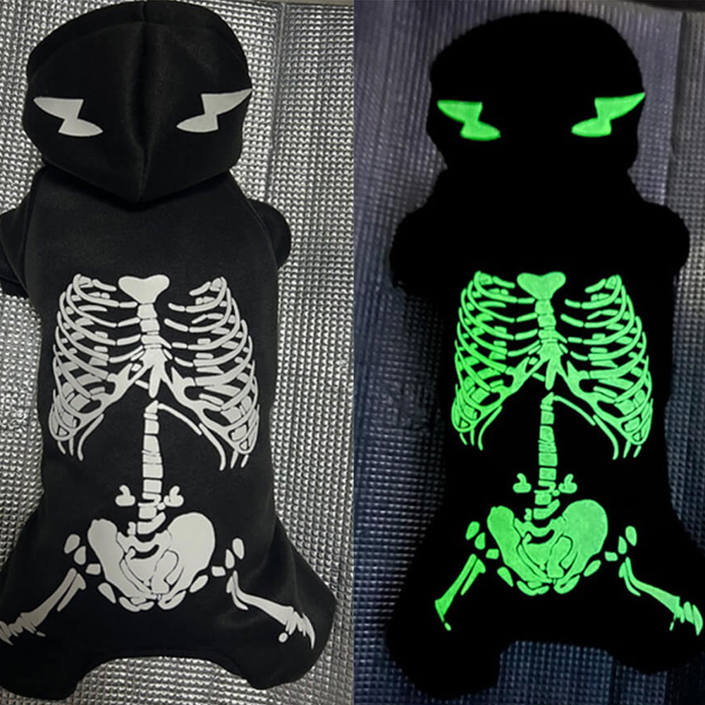 Sudadera con capucha luminosa para mascotas con esqueleto de cachorro de Halloween | Resplandeciente y acogedor